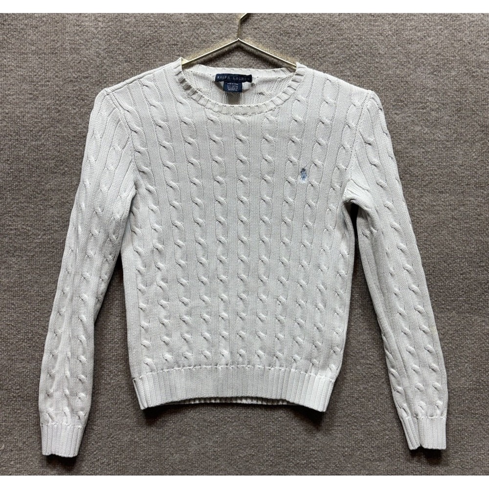 Ralph Lauren Cable Knit Sweater Crew Neck Monogram Logo Bone Preppy Women Small